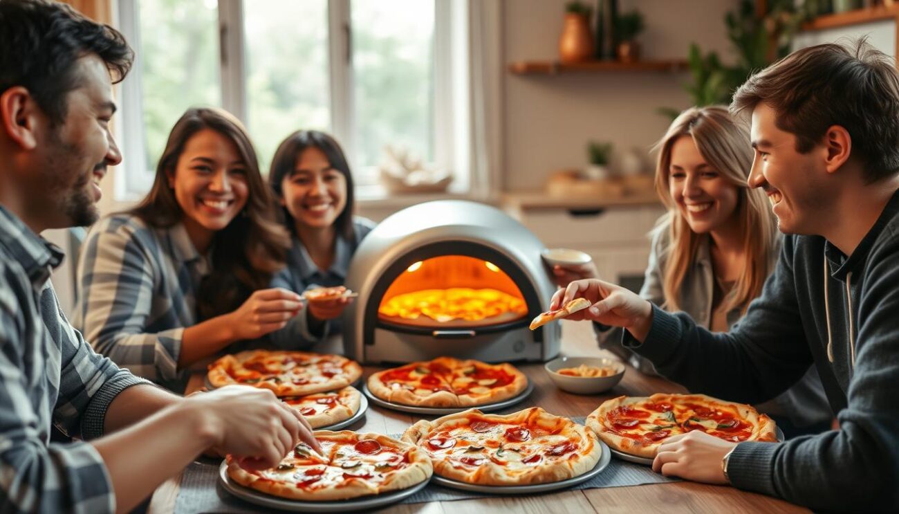 Familie der nyder hjemmelavet pizza bagt i Ooni Volt, den bedste elektriske pizzaovn til hjemmebrug