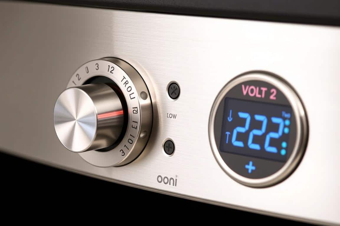 Nærbillede af Ooni Volt kontrolpanel, der viser den præcise temperaturkontrol som kendetegner den bedste elektriske pizzaovn
