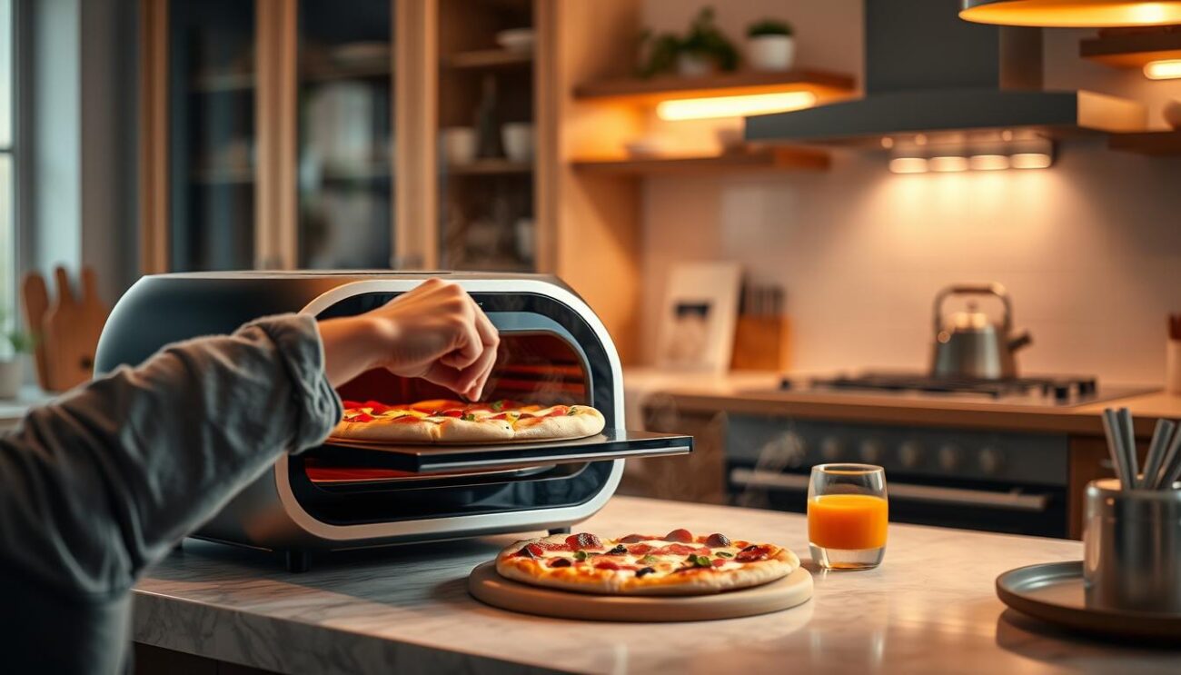 Ooni Volt pizzaovn i brug i et moderne køkken, der viser hvordan den bedste elektriske pizzaovn passer perfekt til indendørs brug