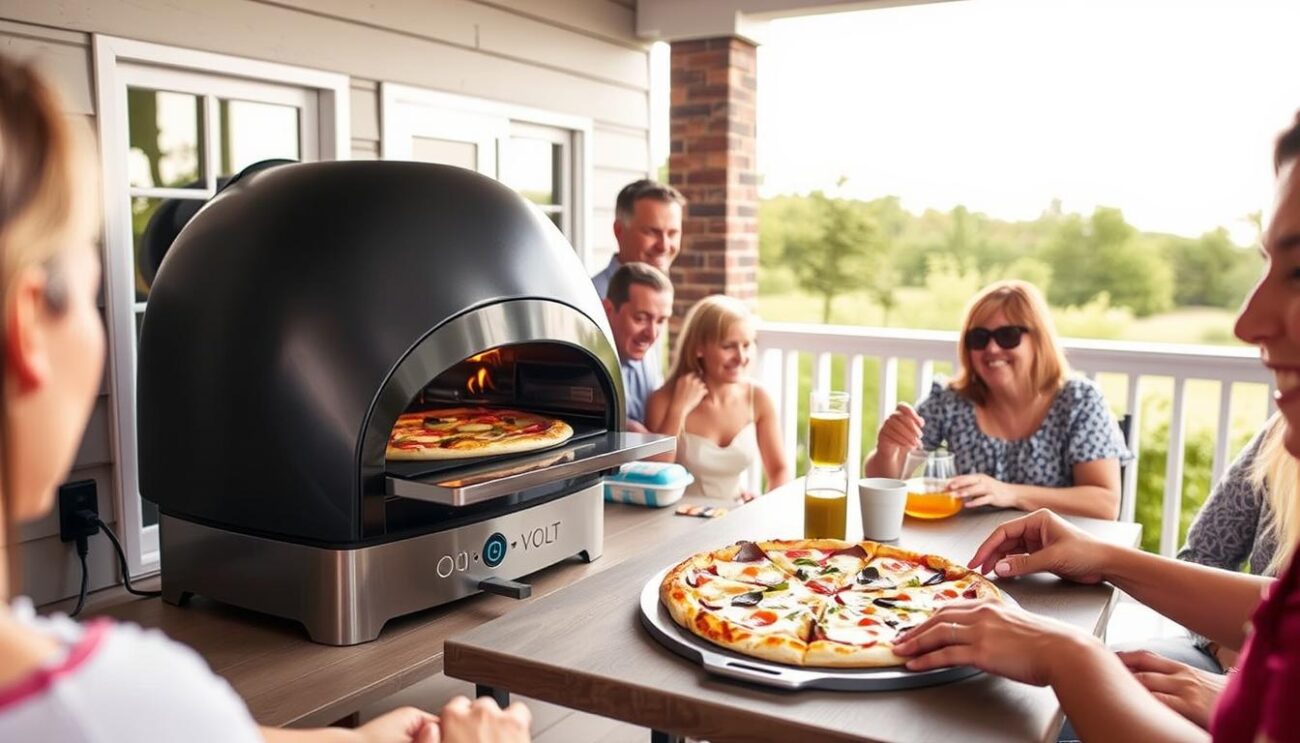 Ooni Volt pizzaovn i brug på en terrasse, der viser hvordan den bedste elektriske pizzaovn også fungerer perfekt udendørs