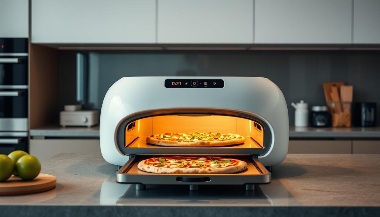 Ooni Volt pizzaovn i et moderne køkken, der viser hvordan den bedste elektriske pizzaovn integreres i hjemmet