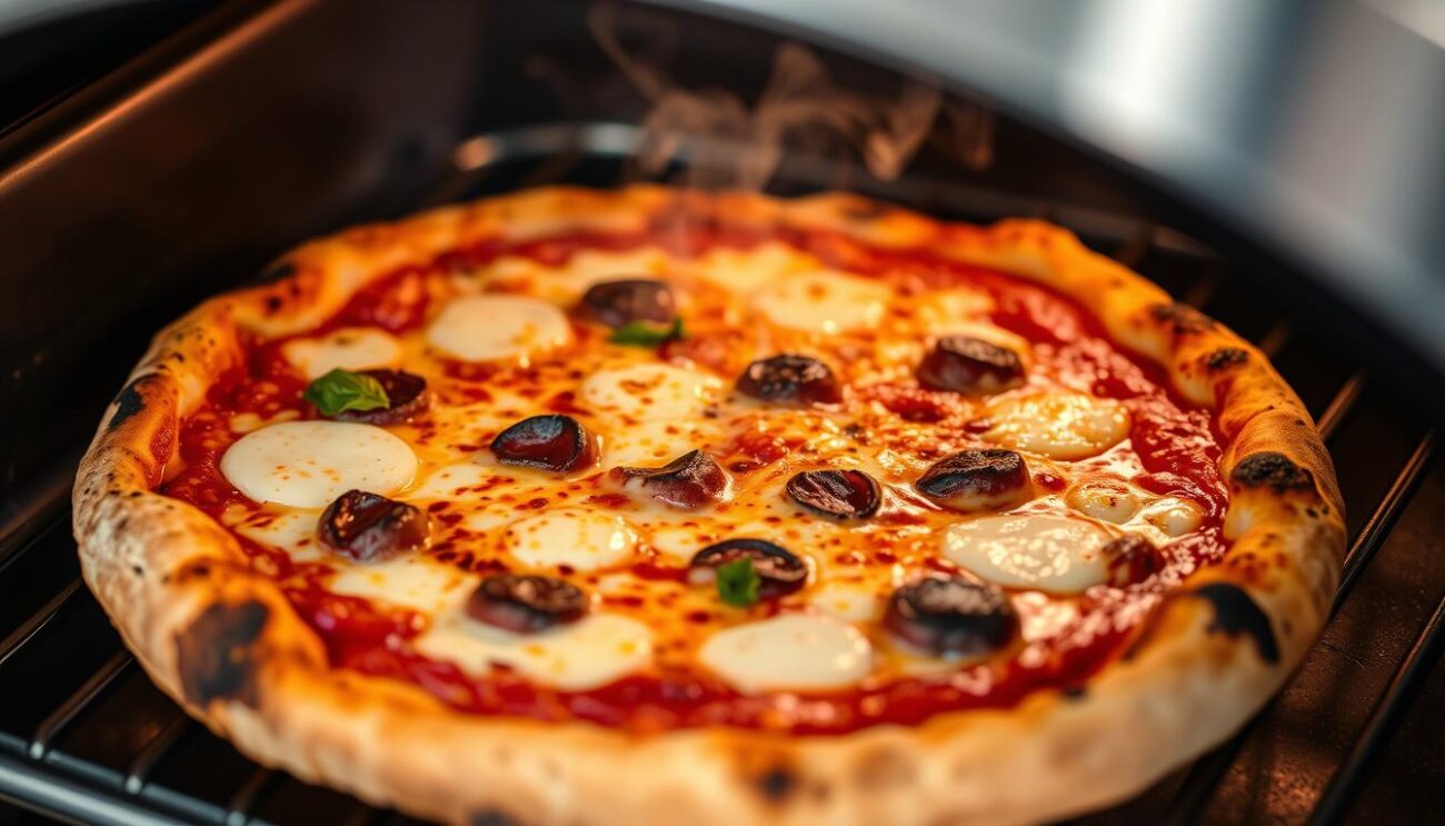 Perfekt bagt pizza i Ooni Volt pizzaovn der viser den sprøde bund og luftige kant som den bedste elektriske pizzaovn kan levere