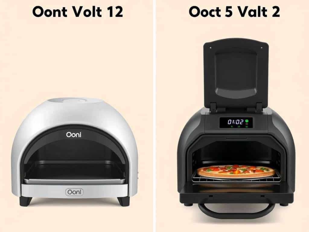 Sammenligning af Ooni Volt 12 og Volt 2 elektriske pizzaovne side om side, der viser forskelle i design og funktioner